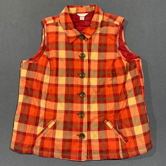Autumn Colors Plaid Quilted Vest Womens Size 1X  Red Orange Yellow Buttons Fall - Picture 1 of 6